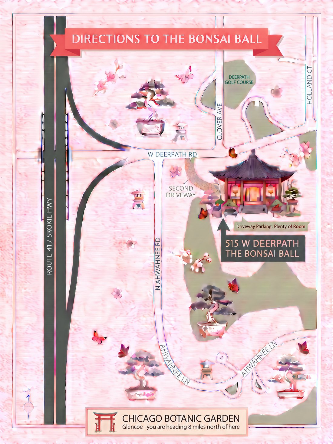 Illustrated map: 515 W Deerpath sits east of Route 41 at West Deerpath Road in Lake Forest, about eight miles north of the Chicago Botanic Garden. Parking is in the driveway.