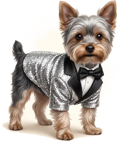 Bentley the Yorkshire terrier in a silver sequined dinner jacket and black bow tie